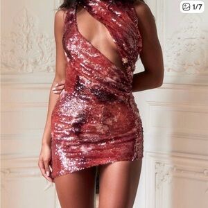PrettyLittleThing Asymmetrical Sequin Dress Size 10 Burnt Orange Plunge Bodycon
